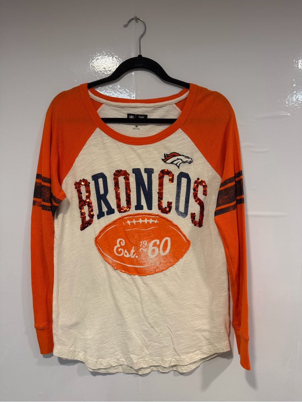 Denver Broncos Sequin Orange & Cream Long Sleeve Raglan Tee